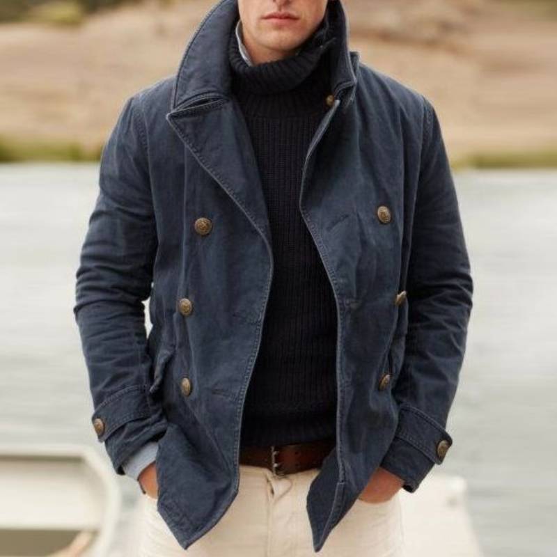 Herren Winddichte Fischerjacke mit doppelter Knopfleiste und hohem Kragen