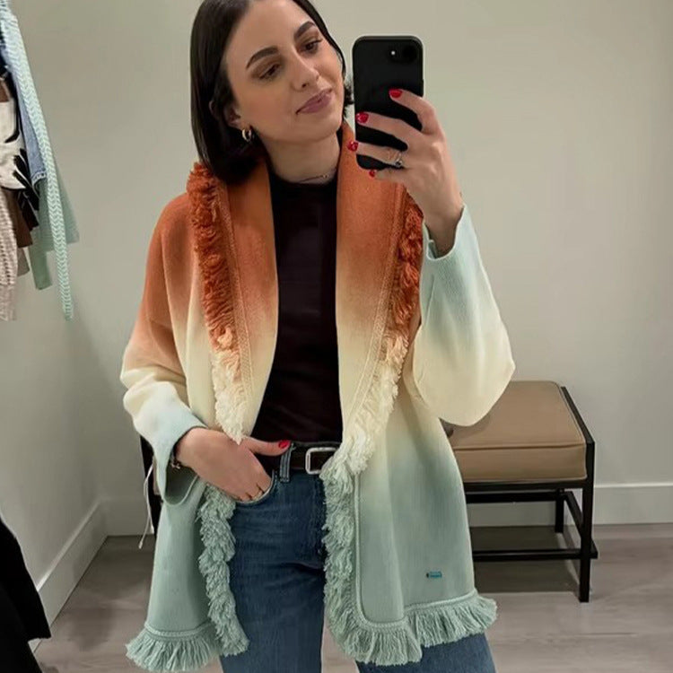 Damen Farbverlauf-Strickcardigan mit Fransen und Schalkragen Nord Taschen