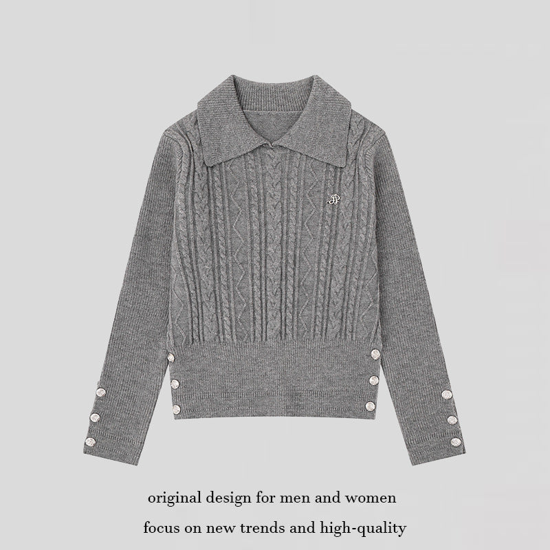 Damen Feinstrick-Polo-Pullover mit Zopfmuster, Zierknopfbesatz und taillierter Passform Nord Taschen