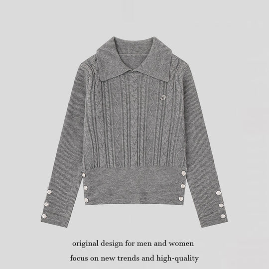 Damen Feinstrick-Polo-Pullover mit Zopfmuster, Zierknopfbesatz und taillierter Passform Nord Taschen