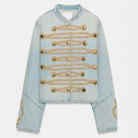Damen Cropped-Jeansjacke im Military‑Stil mit dekorativer Kordelapplikation Nord Taschen