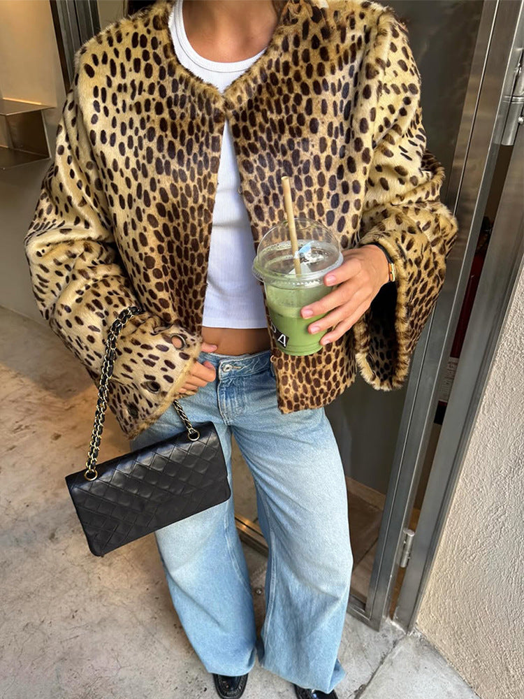 Damen Kurzblouson aus Kunstfell mit Leopardenmuster, Boxy‑Silhouette & weitem Ärmel Nord Taschen