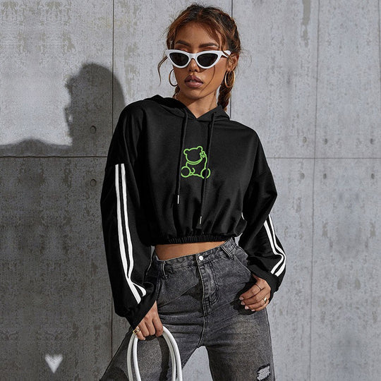 Damen Cropped Hoodie mit Bärchen-Print und Streifen Nord Taschen
