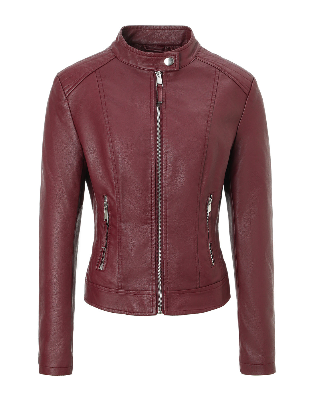 Damen Slim-Fit Biker-Lederjacke mit Stehkragen Nord Taschen