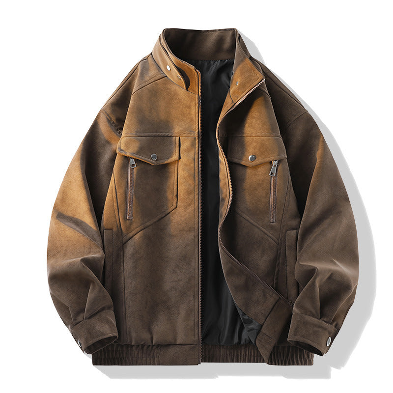 Herren Vintage-Optik Wildlederjacke mit Stehkragen, Utility-Taschen und Reißverschluss Nord Taschen