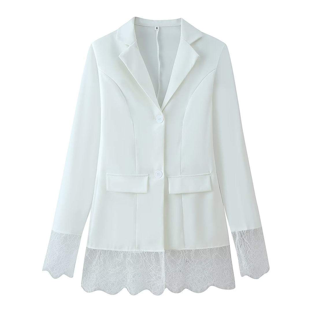Damen Taillierter Einreihiger Blazer mit Spitzensaum und Spitzenmanschetten Nord Taschen