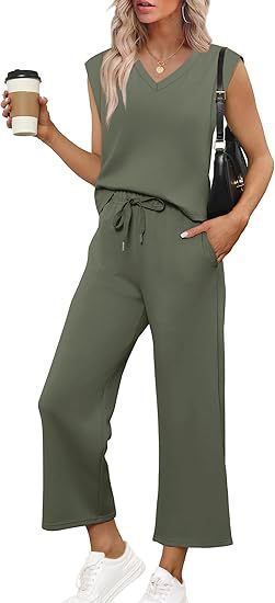Damen Lässiges Zweiteiliges Lounge-Set mit Ärmellosem V-Neck-Top und Weiten Kordelbund-Hosen Nord Taschen