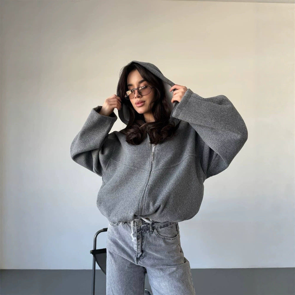 Damen Oversize Kapuzenjacke mit Reißverschluss und Tunnelzugsaum Nord Taschen