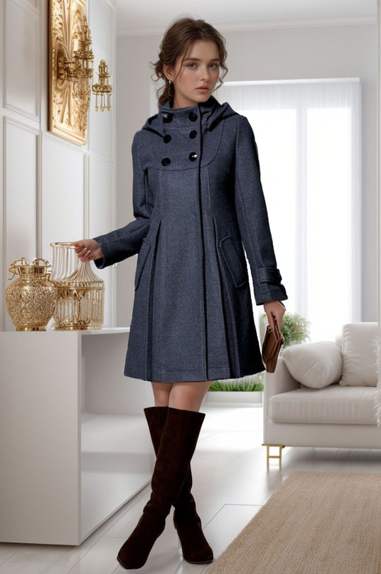 Damen Taillierter Wollmix-Mantel mit hohem Stehkragen und A-Linien-Silhouette Nord Taschen