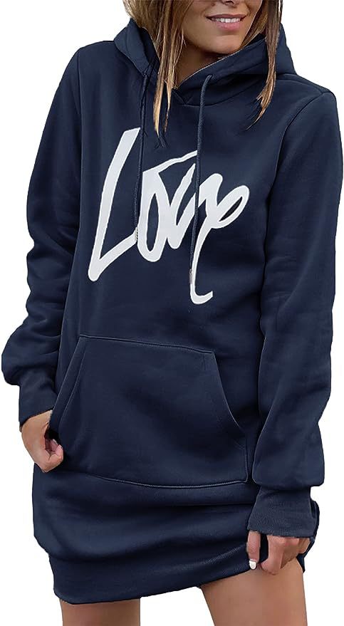 Damen Fleece-Kapuzenkleid mit Kängurutasche, Daumenlochärmeln und Oversize-Sweatshirt-Schnitt Nord Taschen