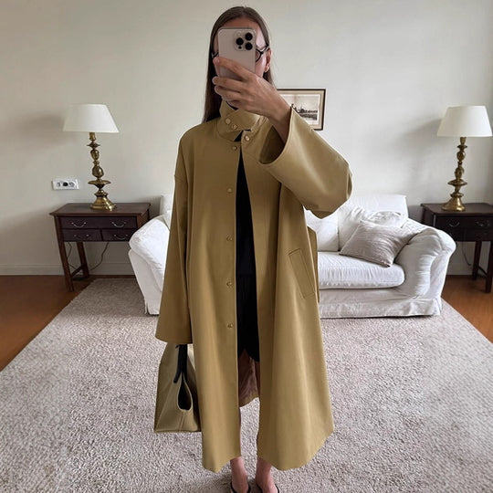 Damen Maxilanger Oversize-Trenchcoat mit Stehkragen und verdeckter Druckknopfleiste Nord Taschen
