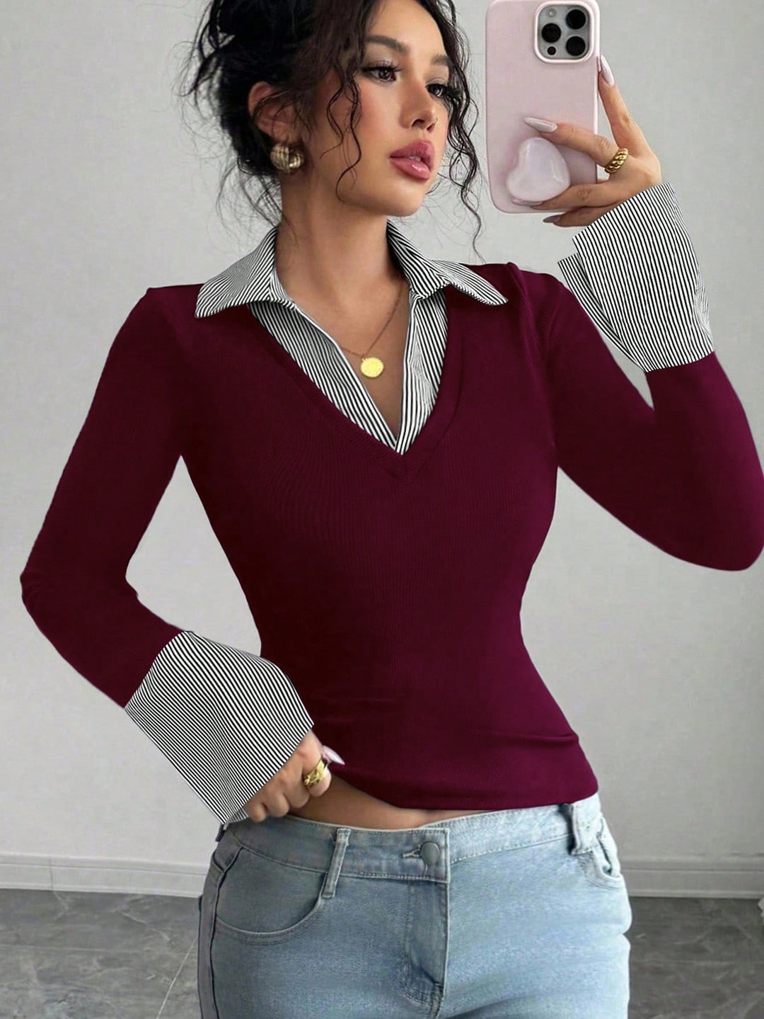 Damen Feinstrick-Pullover mit integriertem Hemdkragen und gestreiften Manschetten Nord Taschen