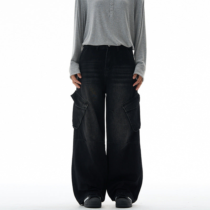 Damen Hochtaillierte Utility-Denim-Palazzohose mit Kniepaneelen und großen Klappentaschen Nord Taschen