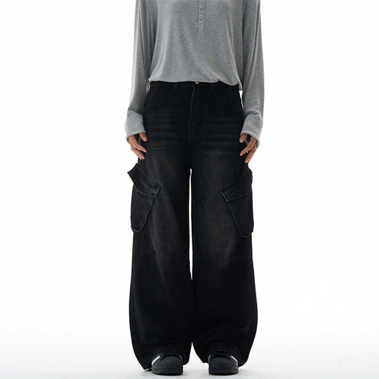 Damen Hochtaillierte Utility-Denim-Palazzohose mit Kniepaneelen und großen Klappentaschen Nord Taschen