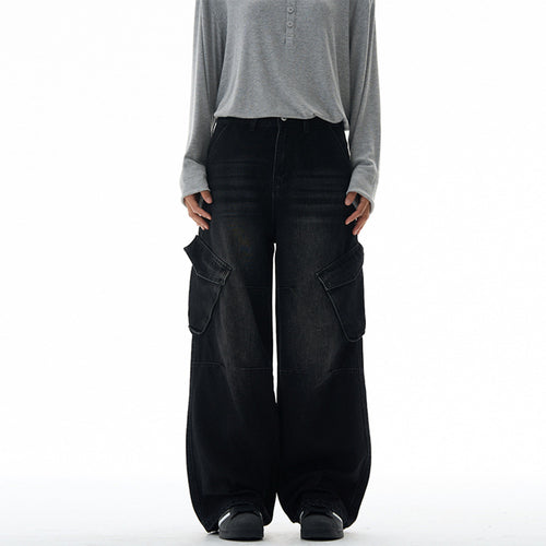 Damen Hochtaillierte Utility-Denim-Palazzohose mit Kniepaneelen und großen Klappentaschen Nord Taschen