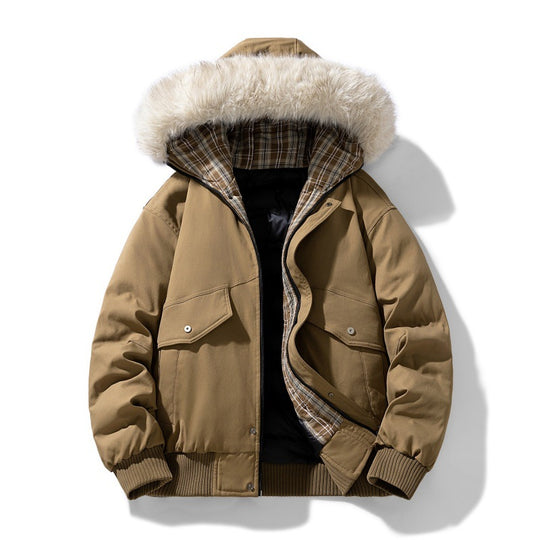 Herren Wattierte Winterjacke mit Kunstpelz-Kapuze, gestepptem kariertem Innenfutter und Bomberbündchen Nord Taschen