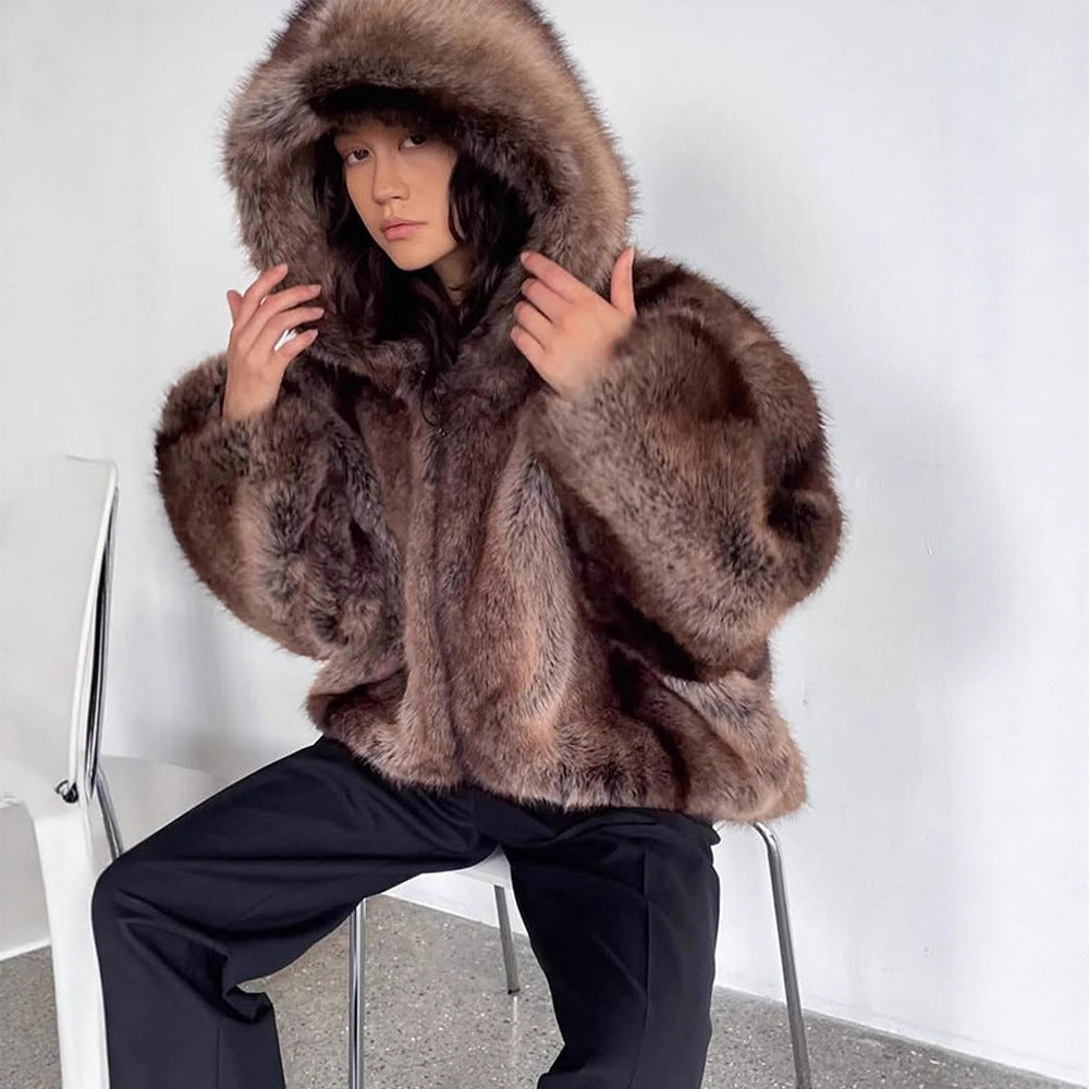 Damen Boxy-Kunstfell-Hoodie mit voluminöser Kapuze und lockerer Silhouette Nord Taschen