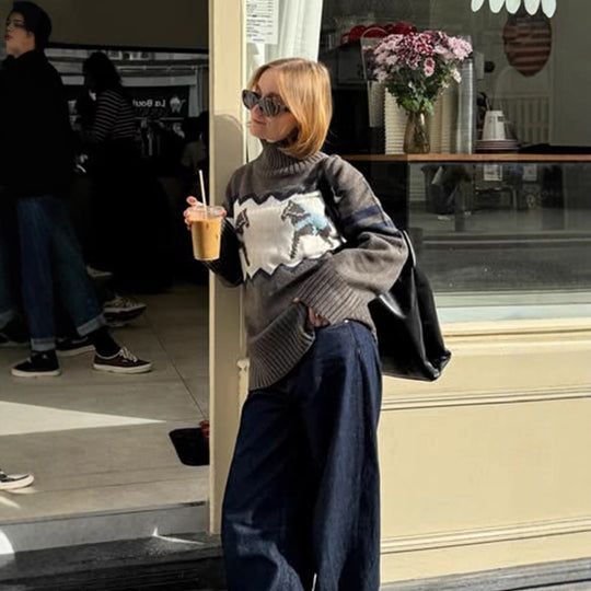 Damen Oversize-Rollkragenpullover mit Norweger-Intarsien und gerippten Bündchen Nord Taschen