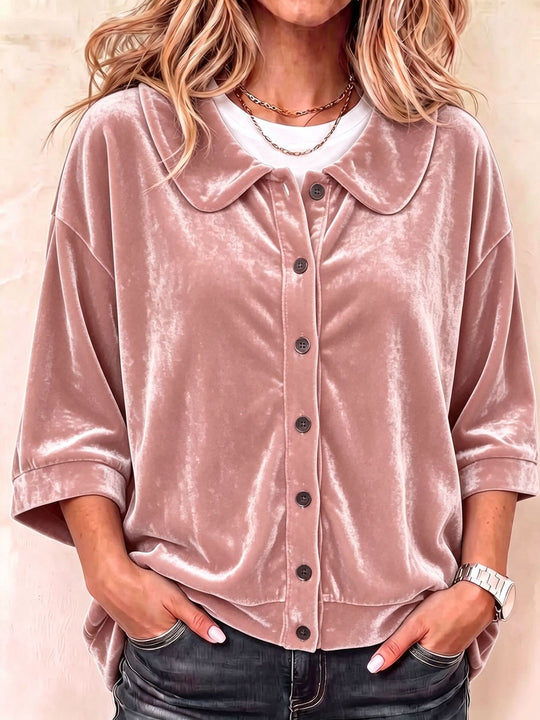 Damen Oversize- samtbluse mit Knopfleiste und rundem Bubikragen Nord Taschen