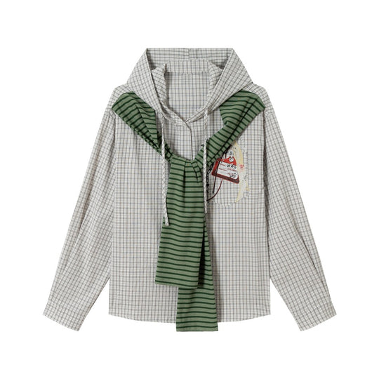 Damen Kapuzen-Hemdbluse mit Karo und angenähtem Streifen-Schal Nord Taschen