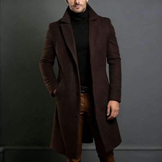 Herren Eleganter einreihiger Langmantel aus Wollmix mit schmaler Silhouette und Reverskragen Nord Taschen