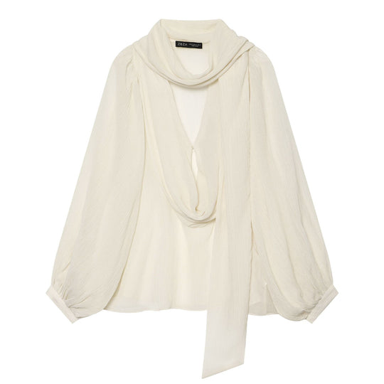 Damen Leichte Crêpe‑Bluse mit drapiertem Schalkragen und Ballonärmeln Nord Taschen