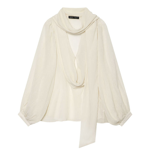 Damen Leichte Crêpe‑Bluse mit drapiertem Schalkragen und Ballonärmeln Nord Taschen