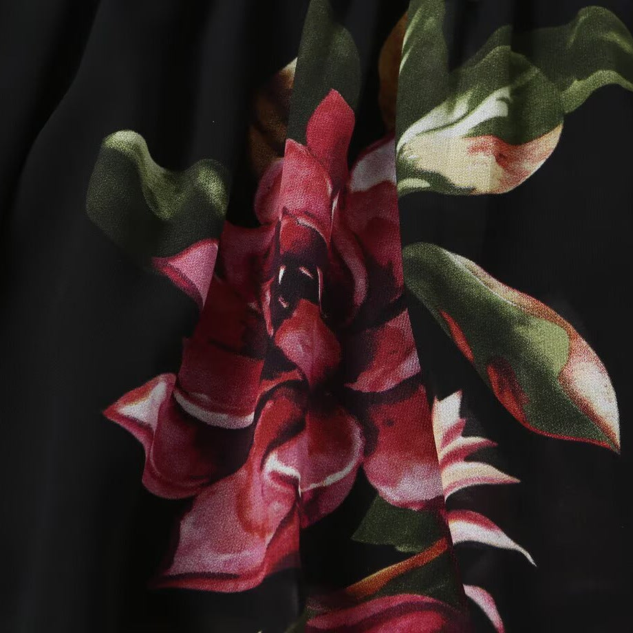 Damen Maxikleid mit Blumenprint, Stufenrock und Volantärmeln Nord Taschen