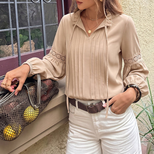 Damen Elegante Bluse mit Rüschenakzenten und Spitzenärmel Nord Taschen