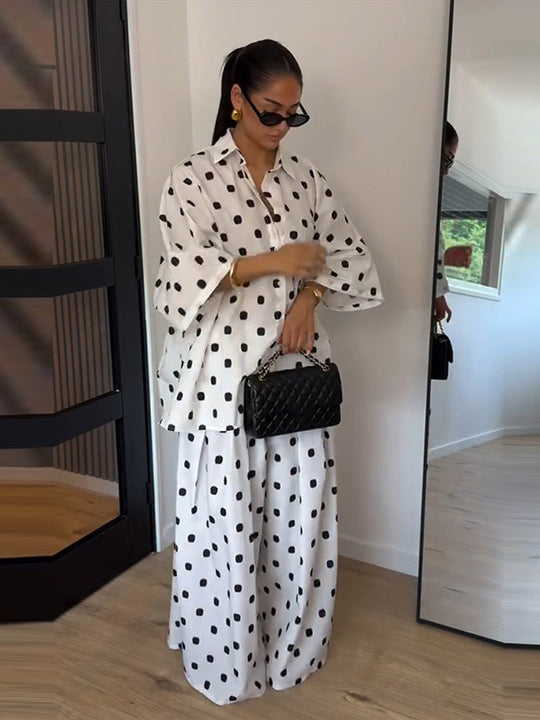 Damen Zweiteiliges Oversize-Blusen und Palazzo-Hosen Set mit Punktmuster Nord Taschen