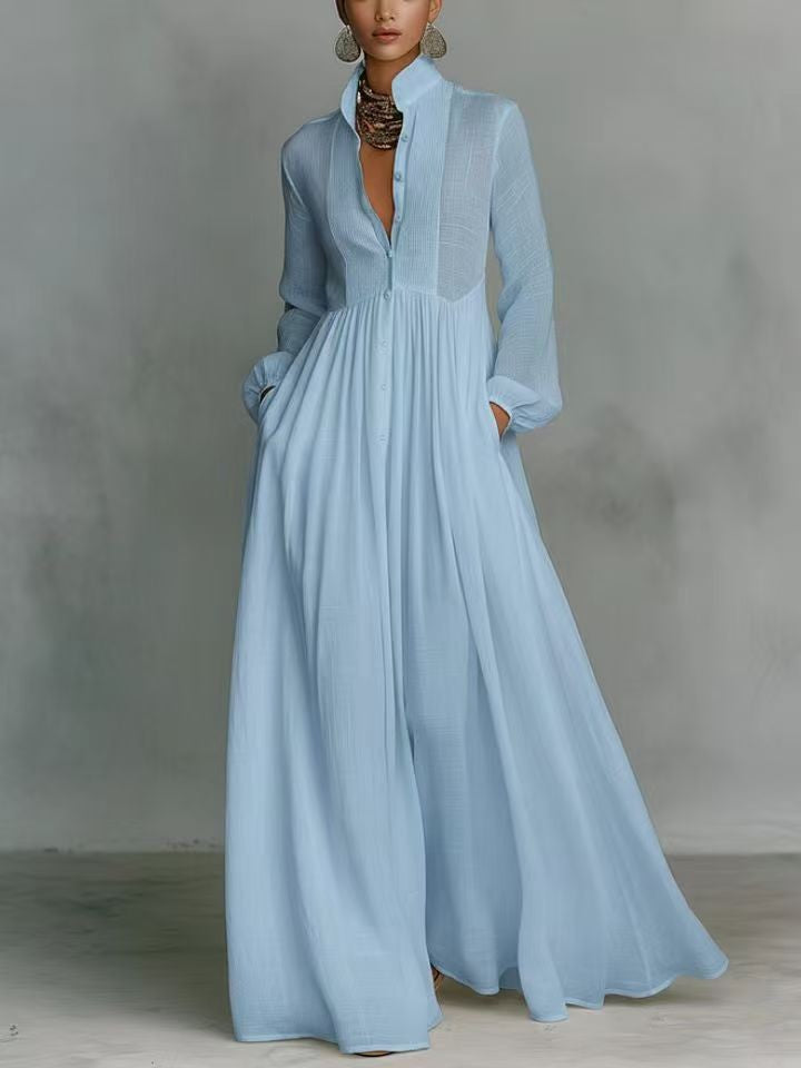Damen Maxikleid mit Stehkragen, Knopfleiste und seitlichen Taschen Nord Taschen