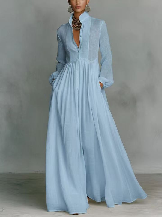 Damen Maxikleid mit Stehkragen, Knopfleiste und seitlichen Taschen Nord Taschen