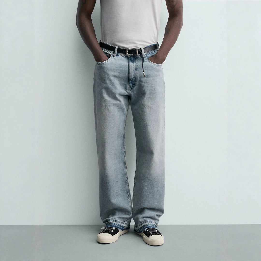 Herren Gerade geschnittene Jeans mit hoher Leibhöhe und Vintage‑Washed-Effekt Nord Taschen