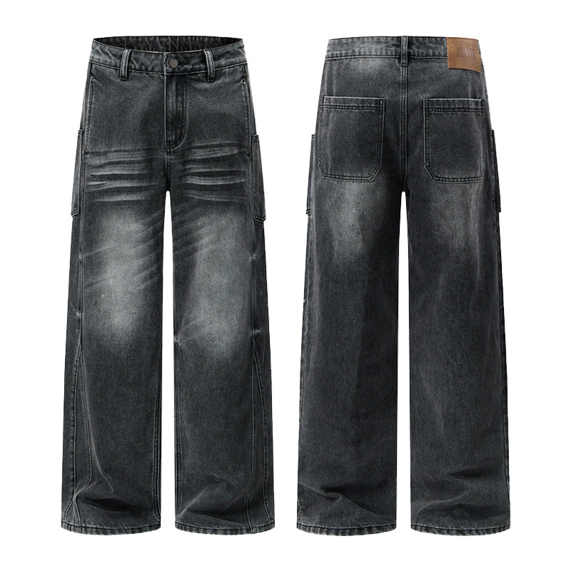 Herren Extraweite Skulpturale Denim‑Palazzohose mit Kniefalten und Teilungsnähten Nord Taschen