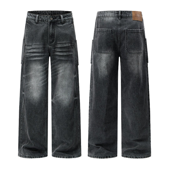 Herren Extraweite Skulpturale Denim‑Palazzohose mit Kniefalten und Teilungsnähten Nord Taschen