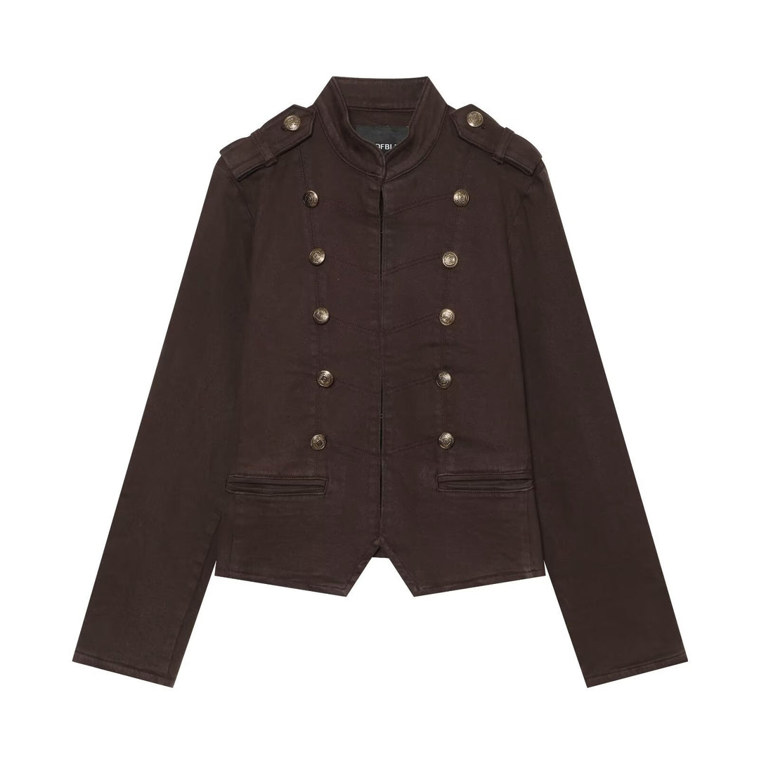Damen Kurze militärische Jacke im Double-Breasted-Stil mit Stehkragen und Epauletten Nord Taschen