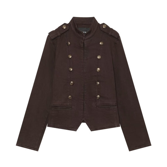 Damen Kurze militärische Jacke im Double-Breasted-Stil mit Stehkragen und Epauletten Nord Taschen