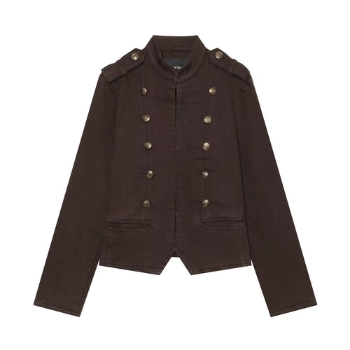 Damen Kurze militärische Jacke im Double-Breasted-Stil mit Stehkragen und Epauletten Nord Taschen