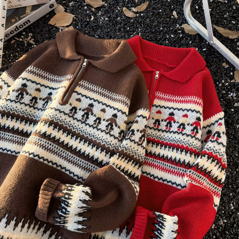 Damen Jacquard-Halbzip-Pullover mit Polokragen und Norweger‑Intarsie Nord Taschen