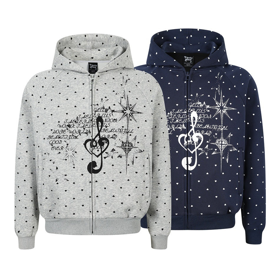 Damen Zip‑Hoodie im Herz-Allover mit Notenschlüssel‑Print und Kängurutaschen Nord Taschen