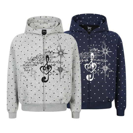 Damen Zip‑Hoodie im Herz-Allover mit Notenschlüssel‑Print und Kängurutaschen Nord Taschen