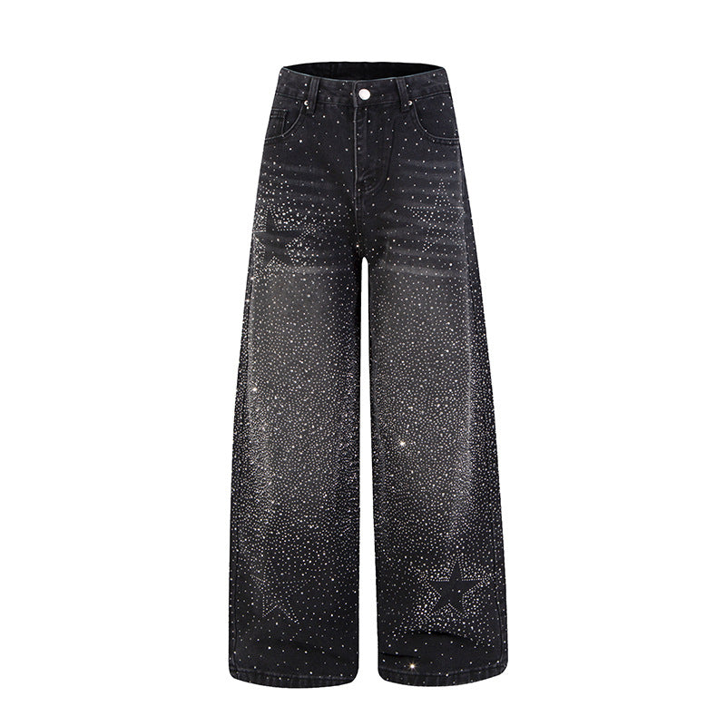 Damen Weite hochgeschnittene Palazzo-Jeans mit Glitzereffekt und Used-Waschung Nord Taschen