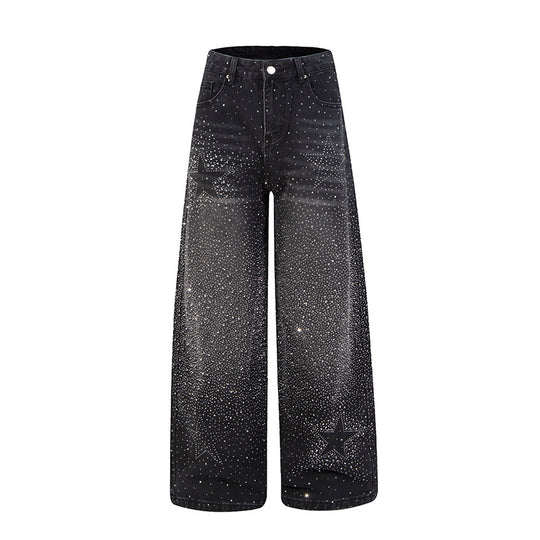 Damen Weite hochgeschnittene Palazzo-Jeans mit Glitzereffekt und Used-Waschung Nord Taschen
