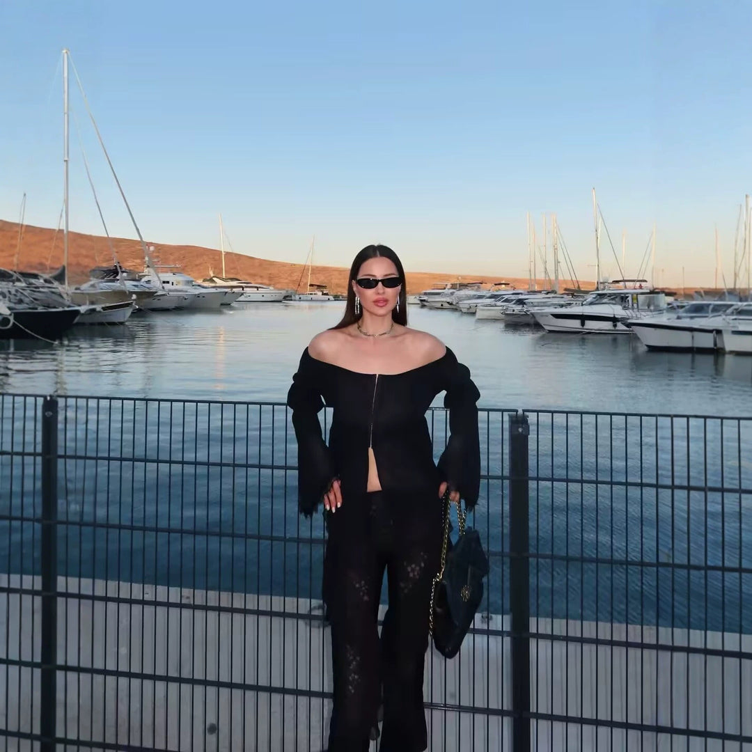 Damen Schulterfreies Chiffon-Top mit Carmen-Ausschnitt, geraffter Taille und voluminösen Volantärmeln Nord Taschen