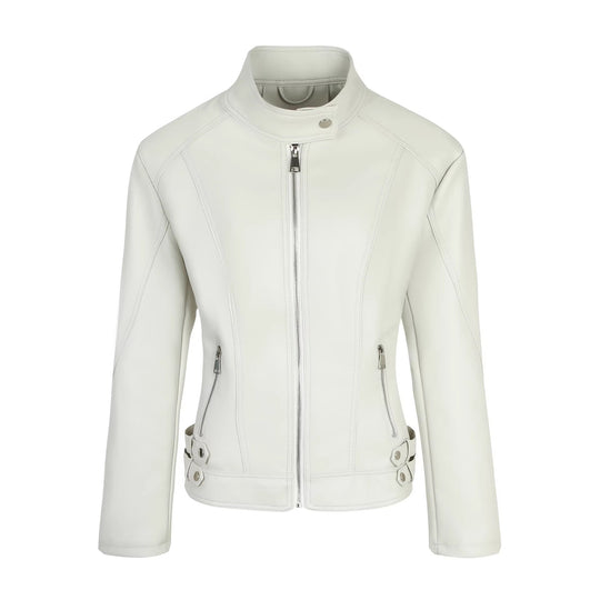 Damen Kurze taillierte Motorjacke aus Kunstleder mit Stehkragen und Schnallgurten Nord Taschen
