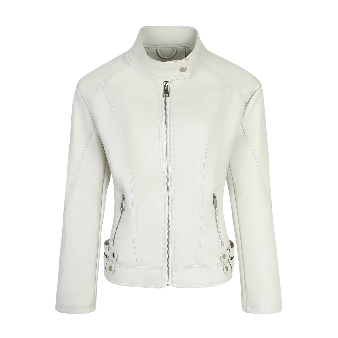 Damen Taillierte Kunstleder-Bikerjacke mit Stehkragen, vertikalen Ziernähten und seitlichen Schnallengurten Nord Taschen
