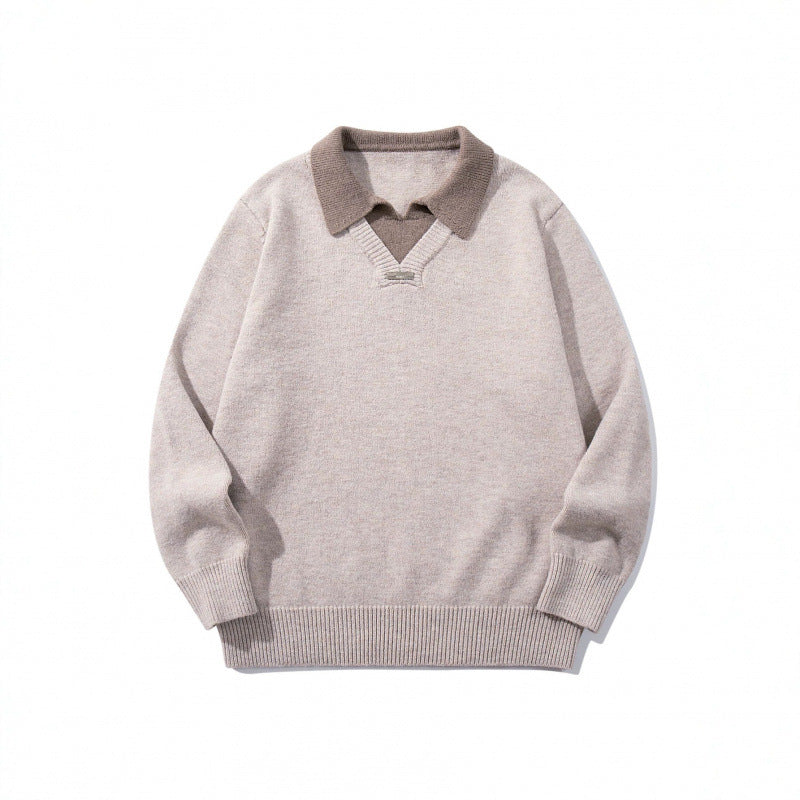Herren Relaxter Merino-Mix Strickpullover mit kontrastierendem Polokragen und V-Detail Nord Taschen