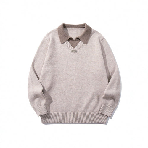 Herren Relaxter Merino-Mix Strickpullover mit kontrastierendem Polokragen und V-Detail Nord Taschen