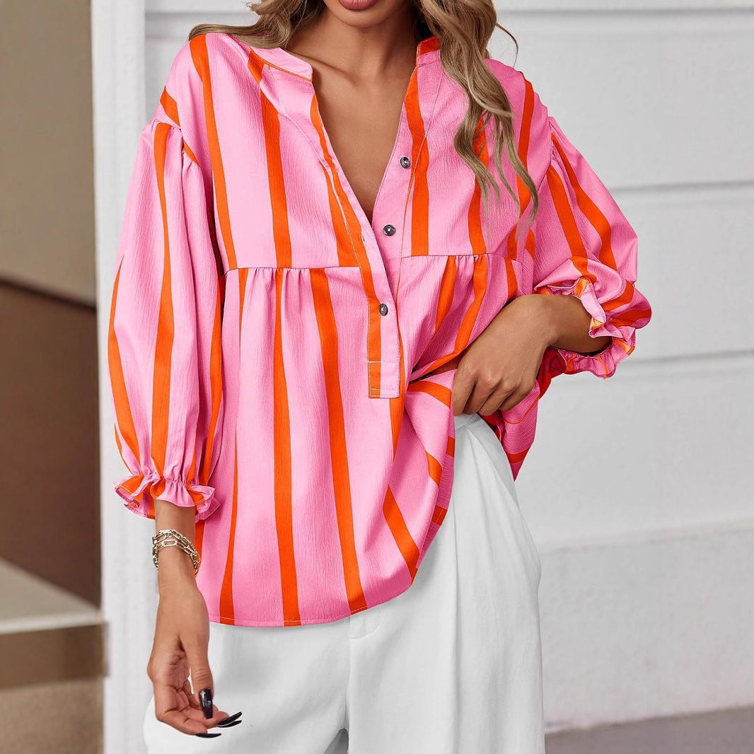Damen oversize Bluse mit Streifenmuster und Knopfleiste