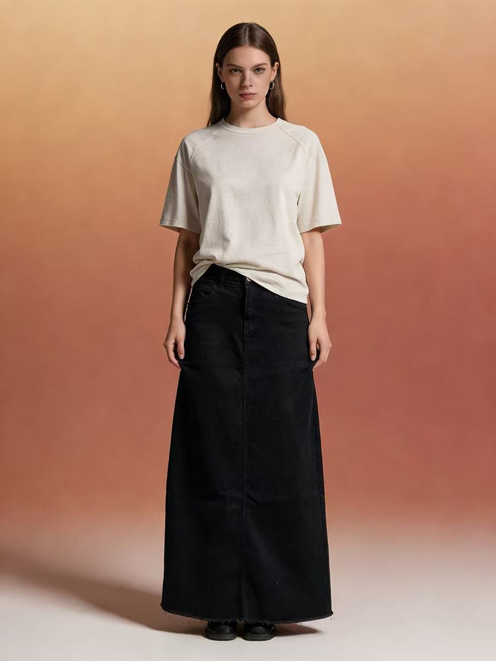 Damen langer High-Waist Denim-Maxirock mit gerader Silhouette und rohem Saum Nord Taschen